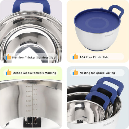 Rorence Stainless Steel Mixing Bowls: Stackable Mixing Bowl Set with Lids and Handles Non-slip Silicone Bottom Nesting Bowls for Kitchen Set of 3 - Black