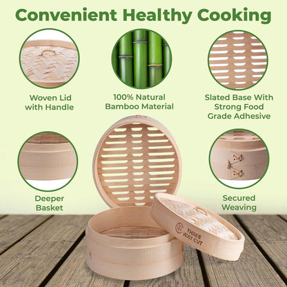 6" Dumpling Steamer & 100 Parchment Liners Set - Extra Deep Bamboo Steamer