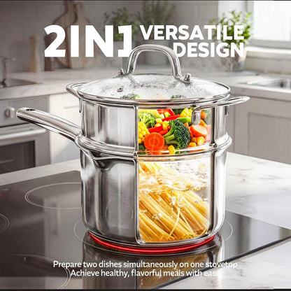 2.5 QT Tri-Ply Stainless Steel Saucepan, Steamer pot for cooking