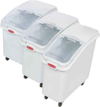 Rubbermaid Commercial Products ProSave Shelf-Storage Ingredient Bin With Scoop, 600-Cup capacity, Plastic, White, Sliding Lid, Container with Wheels for Kitchen/Restaurant Food Organization