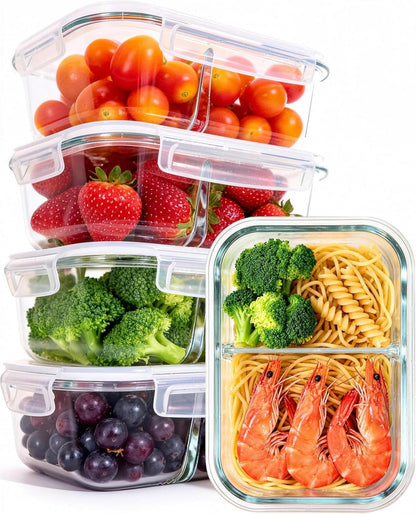 Glass Meal Prep Containers 5 Pack - Lunch Boxes with Leakproof Lids, Food Storage Containers, Bento Boxes, Gray (3 Compartment)