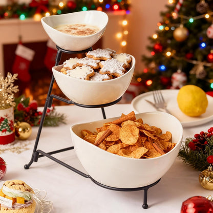 Gomakren 3 Tiered Oval Serving Bowl with Collapsible Metal Rack, Chip and Dip Serving Set, Dessert Appetizer Bowl Set (45oz / 17.5oz / 7oz), Serving Bowls For Mothers Day Entertaining (Gold Stand)