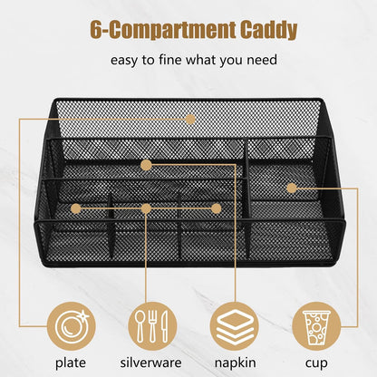 DysanVica Paper Plate Organizer for Countertop - Metal Silverware Caddy with 6 Compartments for Paper Plate Cup Napkin Utensil Holder Caddy for Party Camping Picnic Black