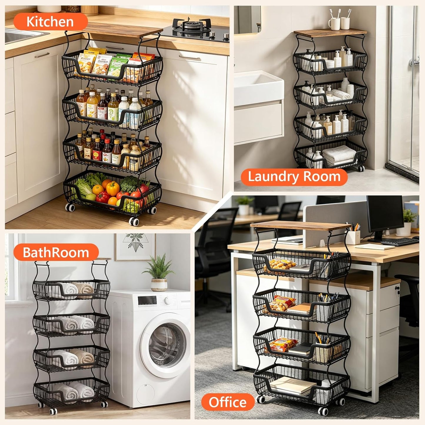 2 Pack 3-Tier Rolling Kitchen Storage Cart Fruit Basket Stand for Vegetables & Snacks Stackable Wire Pantry Floor Organizer with Wheels for Kitchen, Living Room, Bedroom, Office (Black)