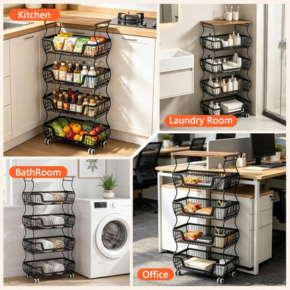 2 Pack 3-Tier Rolling Kitchen Storage Cart Fruit Basket Stand for Vegetables & Snacks Stackable Wire Pantry Floor Organizer with Wheels for Kitchen, Living Room, Bedroom, Office (Black)