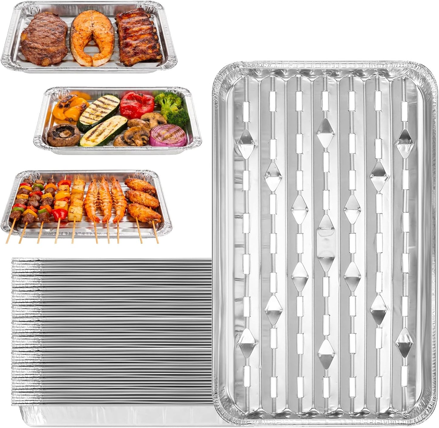 Perforated Aluminum BBQ Grill Trays, 20 Pack, 13 x 8.6 Inch | Food Grade Foil, Disposable Design, Even Heat Flow, Ideal for Grilling Meat, Vegetables and Seafood