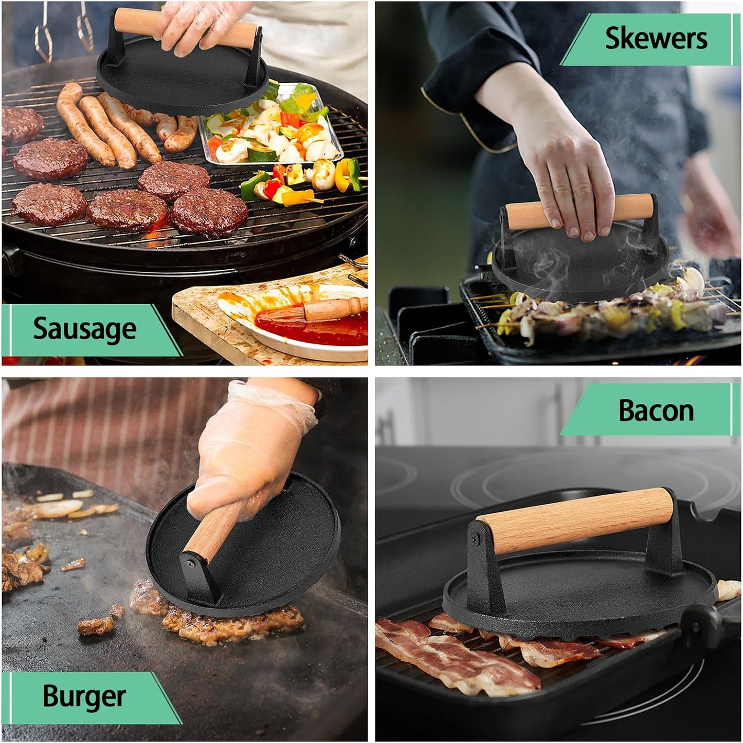 HaSteeL 9x7in Melting Dome & 8x4in Grill Press, Rectangular Basting Steaming Cover & Cast Iron Burger Bacon Press, Heavy Duty Griddle Tools Accessories for Flat Top Grilling Barbecue, Indoor & Outdoor
