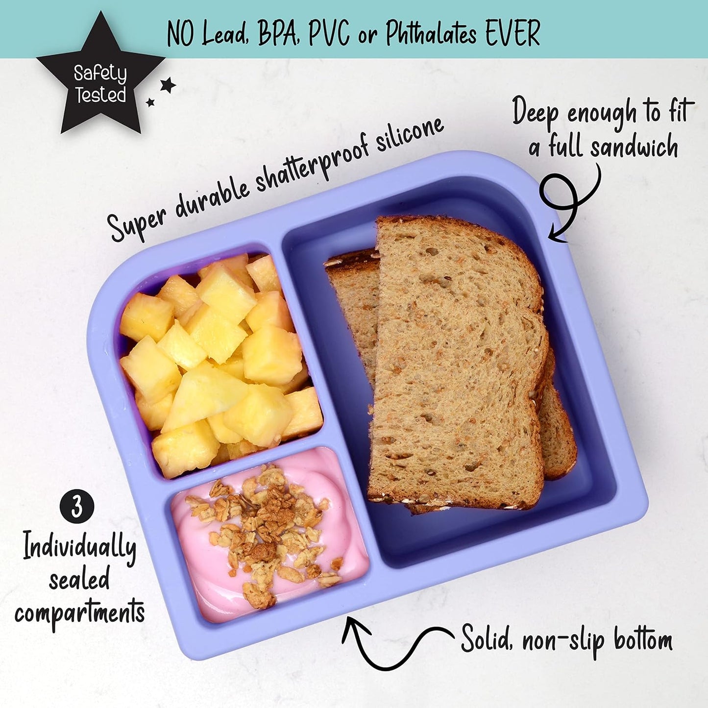PrimaStella Unbreakable Silicone Lunch Box for Kids and Adults - Divided Leak Proof Bento Box (Slate Blue)