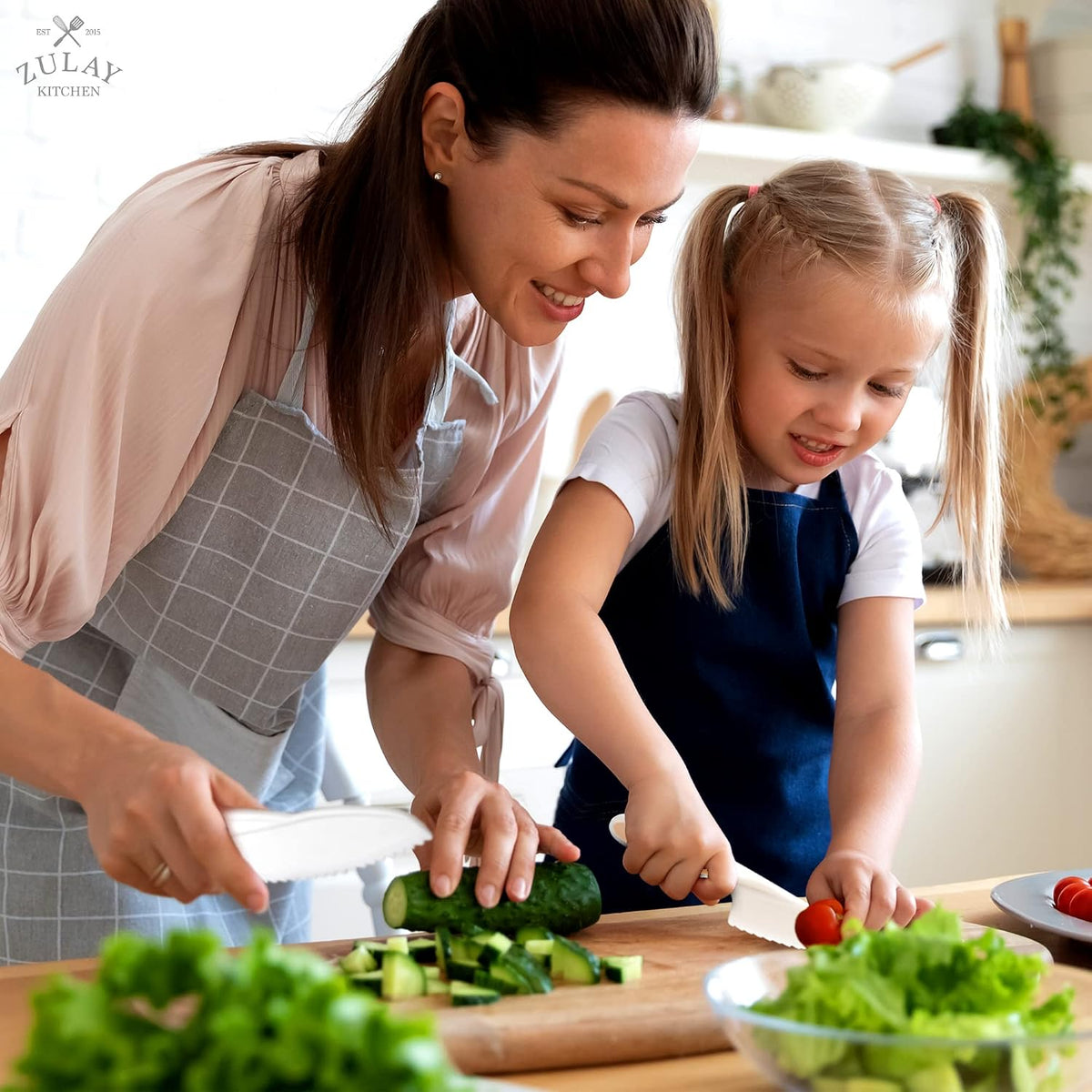 Zulay Kitchen 3-Piece Kids Knife Set for Real Cooking & Baking - Toddler Knives for Cutting Fruits, Veggies, & Cake - Children’s Montessori Knive with Serrated Edges - Safe & Fun Lettuce Knife (Red)