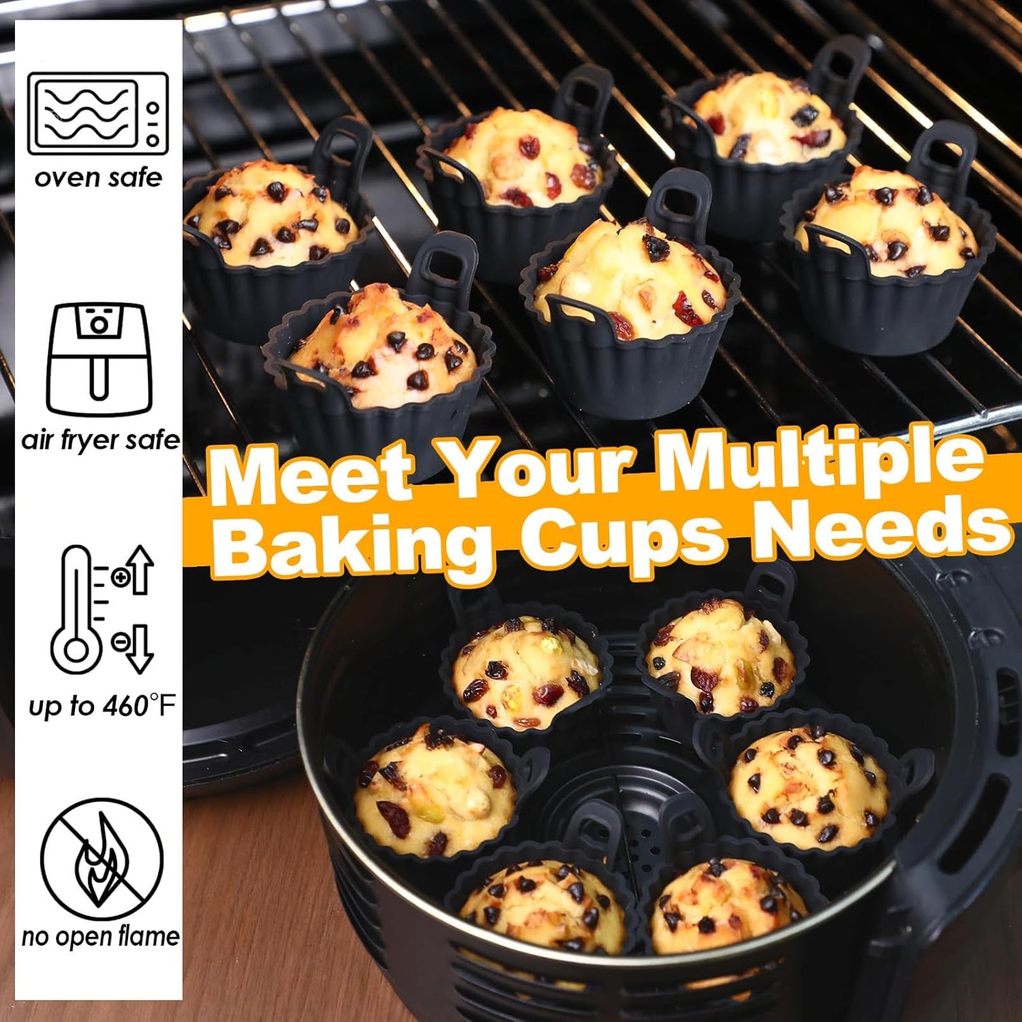 Koluti Nonstick Silicone Muffin Baking Cups Pack of 12, Reusable Cupcake Molds with Double Handle, BPA Free, Mini Round Air Fryer Cupcakes Liner, 3 Colors