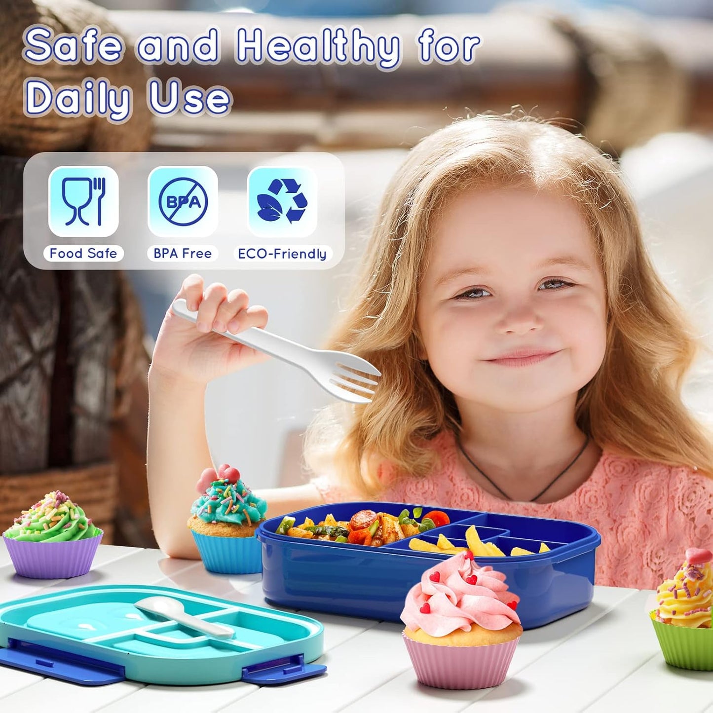 Lunch Box Kid Adult Bento Box, 4-Compartment Food Lunch Containers with Fork & Spoon, BPA Free, Leak-Proof Bento-Style Lunch Box for Work School, Microwave & Dishwasher Safe (Candy)