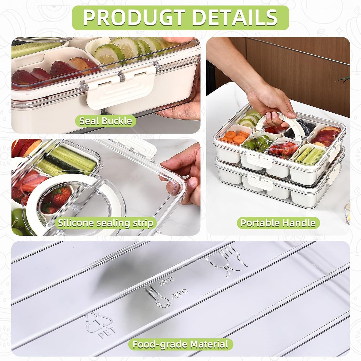 UPTRUST Divided Serving Tray with Lid and Handle - Snackle Box Charcuterie Container for Portable Snack Platters - Clear Organizer for Candy, Fruits, Nuts - Perfect for Party, Entertaining