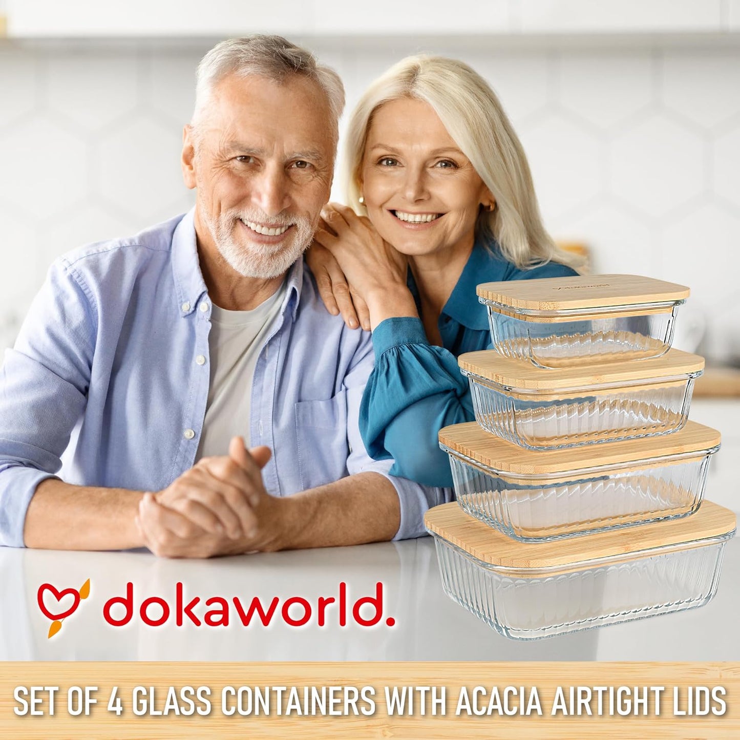 Set of 4 Stackable Space-Saving Nesting Glass Bowls with Airtight Acacia Lids for Lunch, Meal & Food Prep - Microwave & Oven-ready BPA Free Durable Heat Resistant Inert Borosilicate Glass