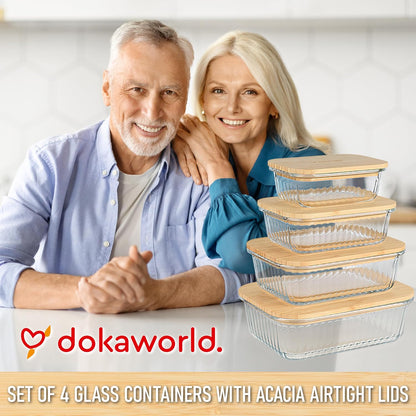 Set of 4 Stackable Space-Saving Nesting Glass Bowls with Airtight Acacia Lids for Lunch, Meal & Food Prep - Microwave & Oven-ready BPA Free Durable Heat Resistant Inert Borosilicate Glass