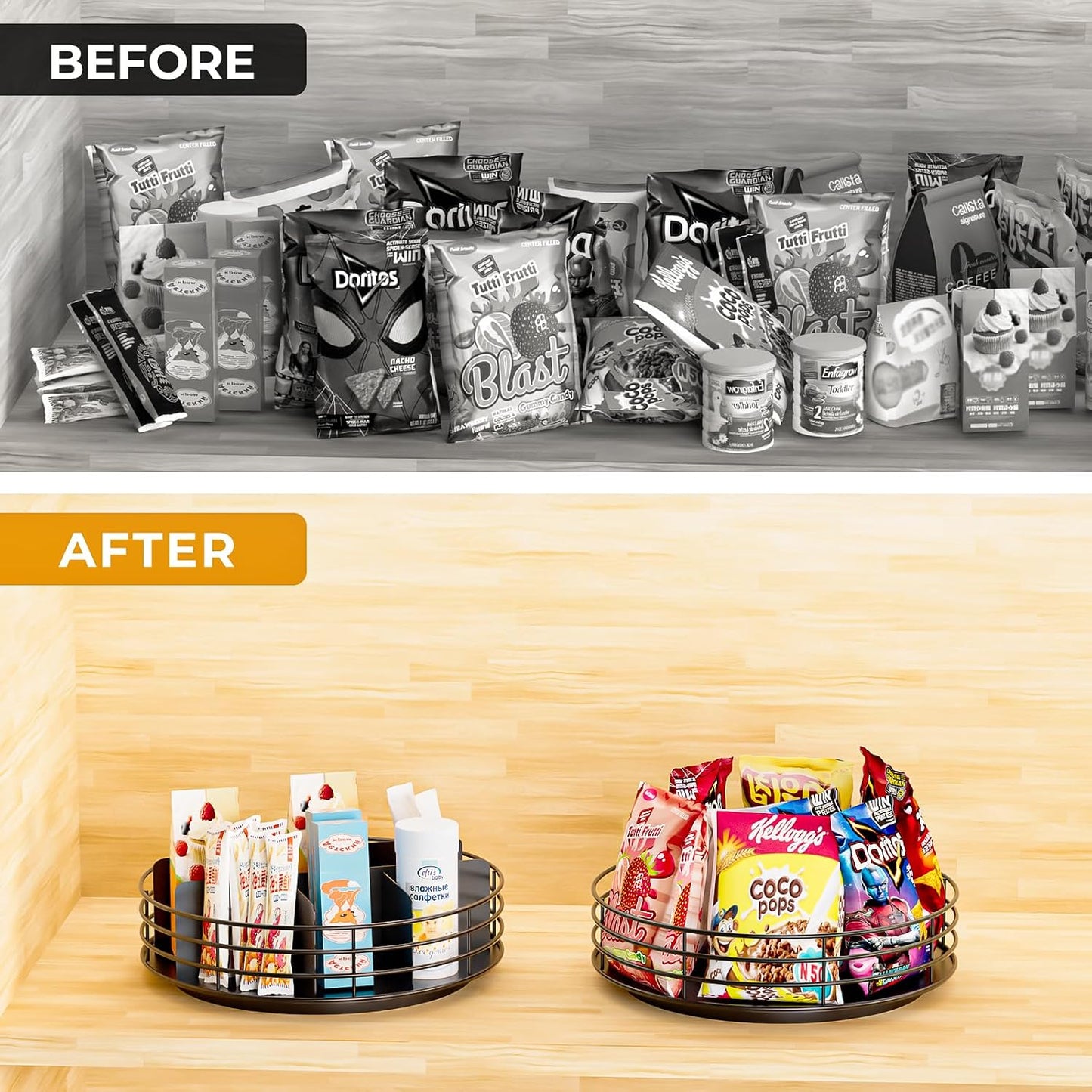 Snack Organizer - Versatile Snack Storage 2 Tier Lazy Susan with Convenient Grab-and-Go Design, Metal Snack Holder for Home, Office, Breakroom, 11.85" L x 11.85" W x 13.3" H (Matte Black)