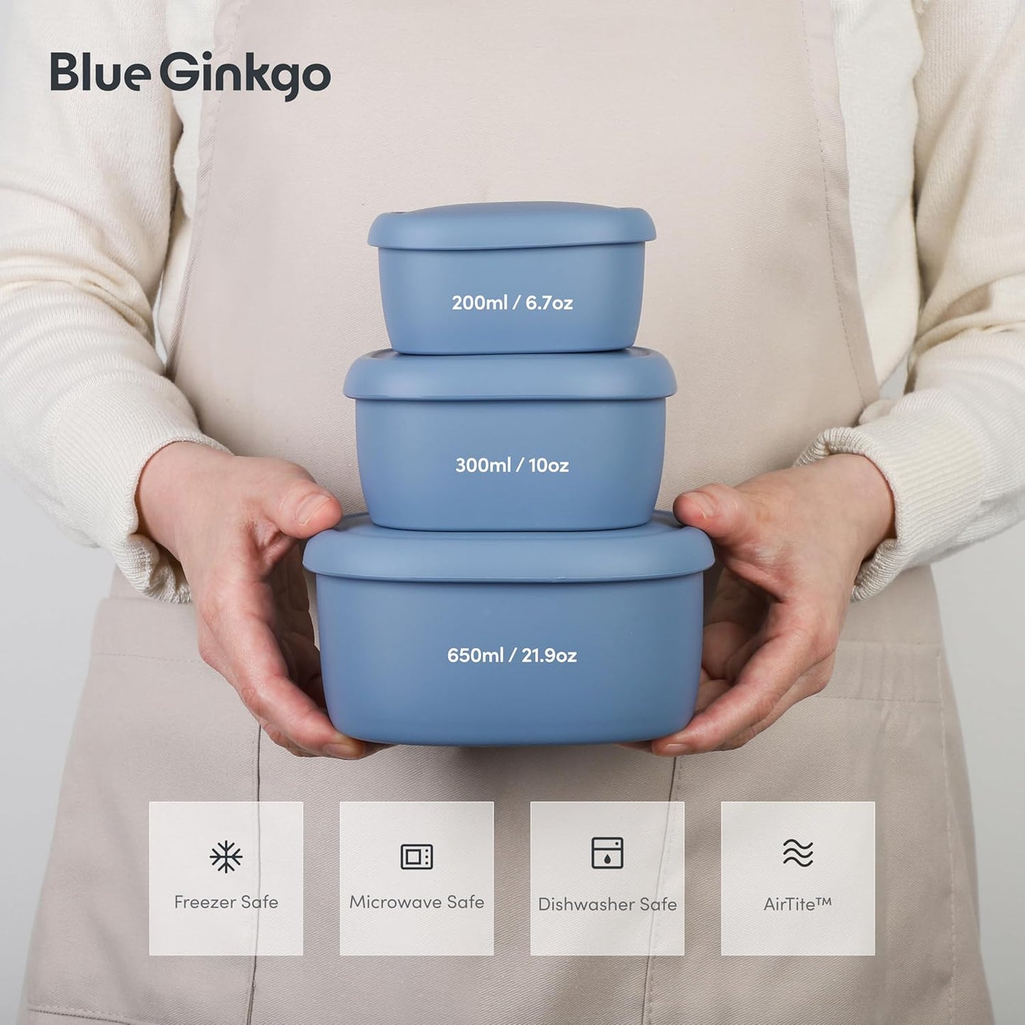 BLUE GINKGO Nesting Silicone Containers - Set of 3 Hard-Shell Silicone Food Storage Containers | BPA Free, Airtight, Dishwasher and Freezer Safe (6.7oz, 10oz, 20oz) - Green