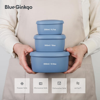 BLUE GINKGO Nesting Silicone Containers - Set of 3 Hard-Shell Silicone Food Storage Containers | BPA Free, Airtight, Dishwasher and Freezer Safe (6.7oz, 10oz, 20oz) - Green