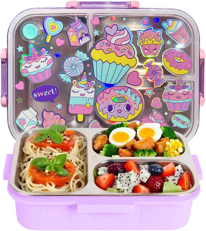 Stainless Steel Bento Lunch Box for Kids, 800ml/27oz BPA-Free Leak-Proof Food Containers with 3 Compartments, Freezer & Dishwasher Safe, Back to School Students Lunches Size for Ages 3-7
