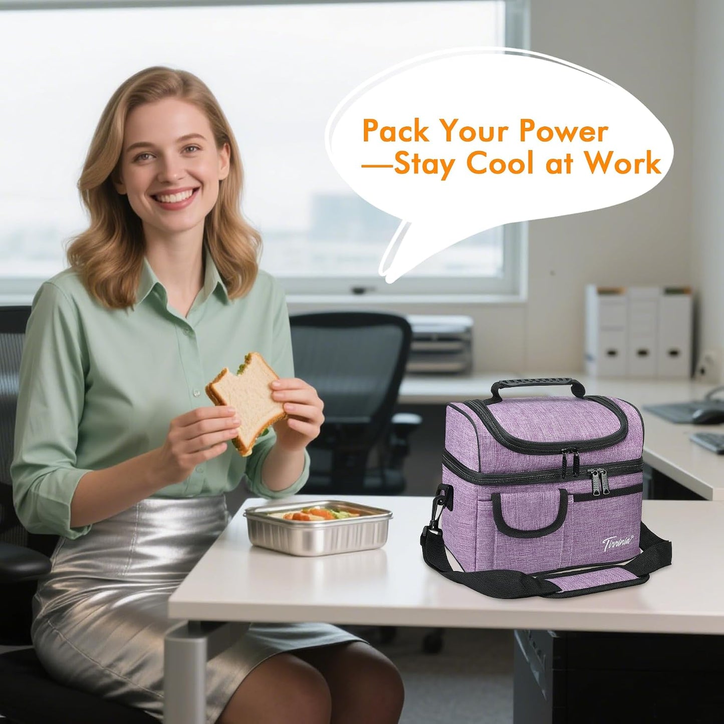 Tirrinia Reusable Lunch Box for Men Women, Insulated Lunch Bag Adult Work, Double Decker Leakproof Lunchbox for Office Picnic Beach—Dual Compartment Lunch Cooler Bag