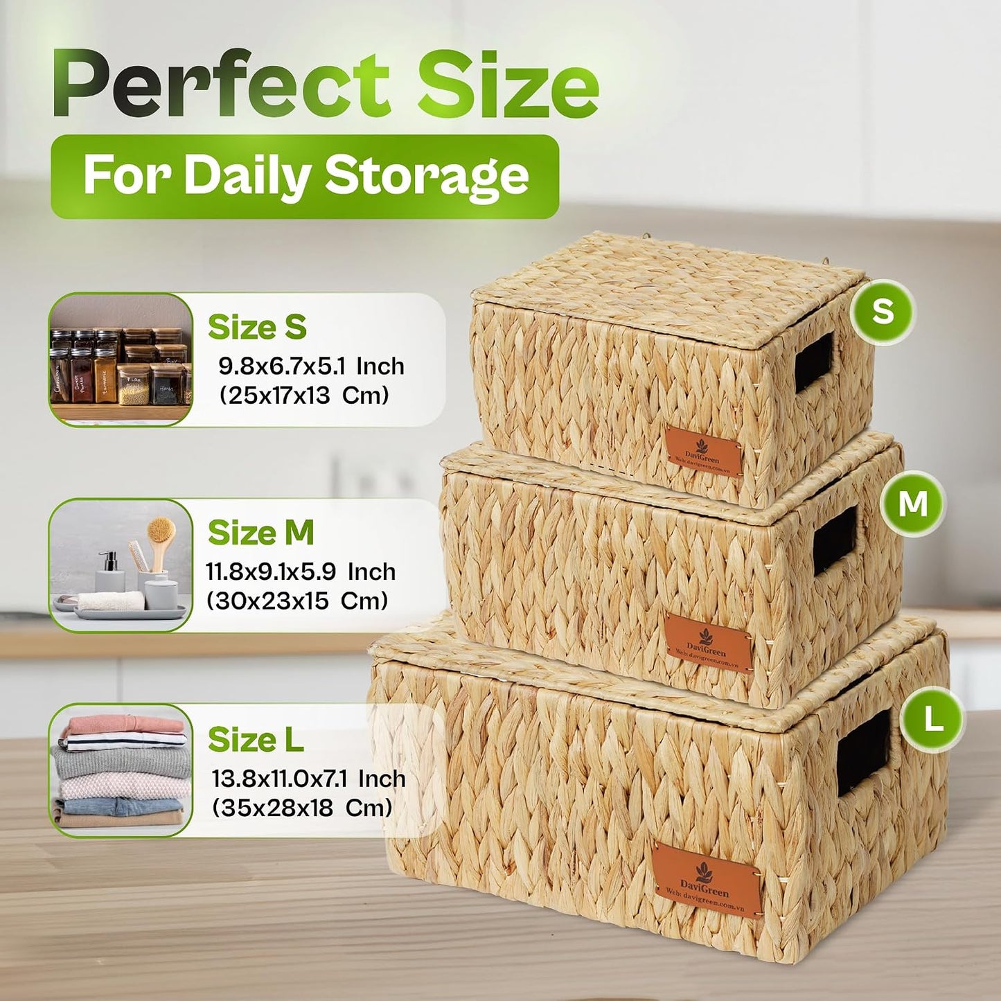 Storage Baskets for Shelves Set of 3, Open-Top Wicker Storage Bins with Handles, Shelf Organizer Baskets for Pantry, Closet & Bathroom, Water Hyacinth Baskets with Tissue Box Cover