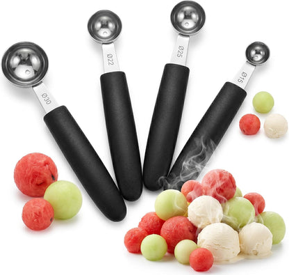 Veemoon 4pcs Melon Baller Scoop, Stainless Steel Ice Cream Baller Scoop Round Fruit Ball Scooper Ice Dessert Tableware for Summer Party DIY Food Making, Sorbet, Meatballs, Watermelon (15/22/25/30mm)