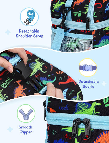 VASCHY Lunch Box Bag for Kids, Insulated Double Compartments Cooler Lunch Tote for Toddlers Boys Girls School/Daycare/Picnic Black Dinos