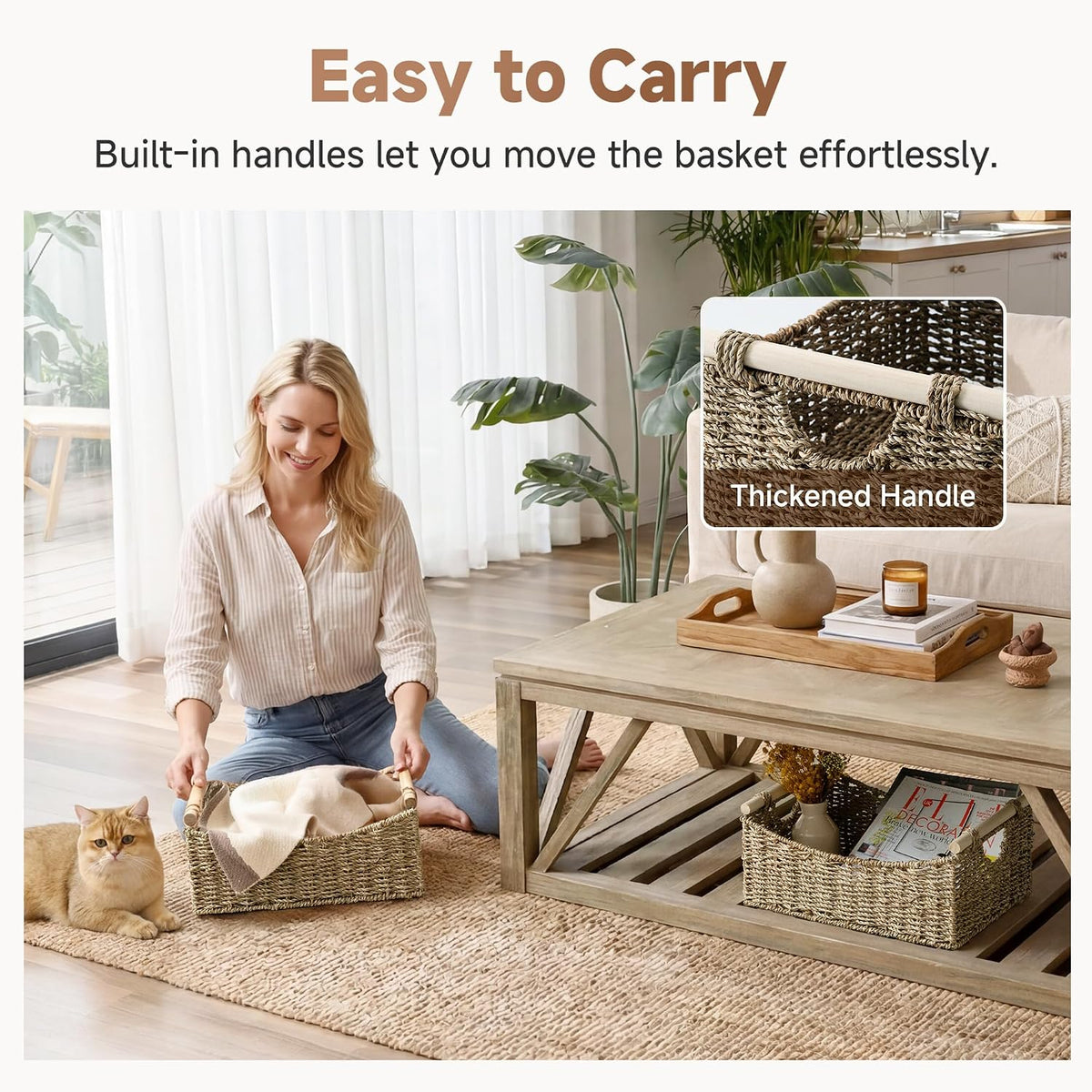 StorageWorks Wicker Baskets for Organizing, Water Hyacinth Storage Baskets with Handles, Woven Baskets for Pantry Storage, 13" x 8¼" x 7", 2-Pack