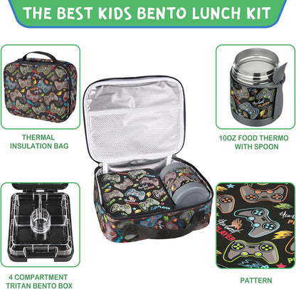 Pawtong Bento Lunch Box Set With 10oz Soup Thermo, Leak-proof Lunch Containers with 4 Compartment, Kids Hot Thermo Food Jar/Insulation Lunch Bag, Food Containers for School（Dinosaur）