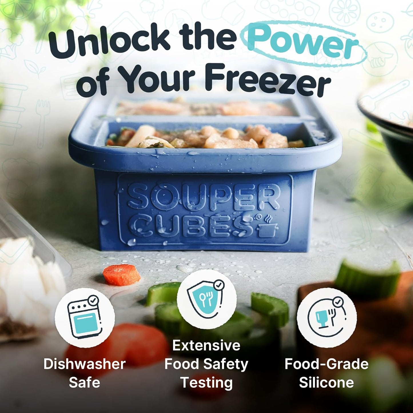 Souper Cubes 1 Cup Silicone Freezer Molds - Soup Cubes Perfect for Freezing Broth, Rice, Leftovers and More - Silicone Freezer Trays with Lids for Meal Prep - Aqua - 1-Pack
