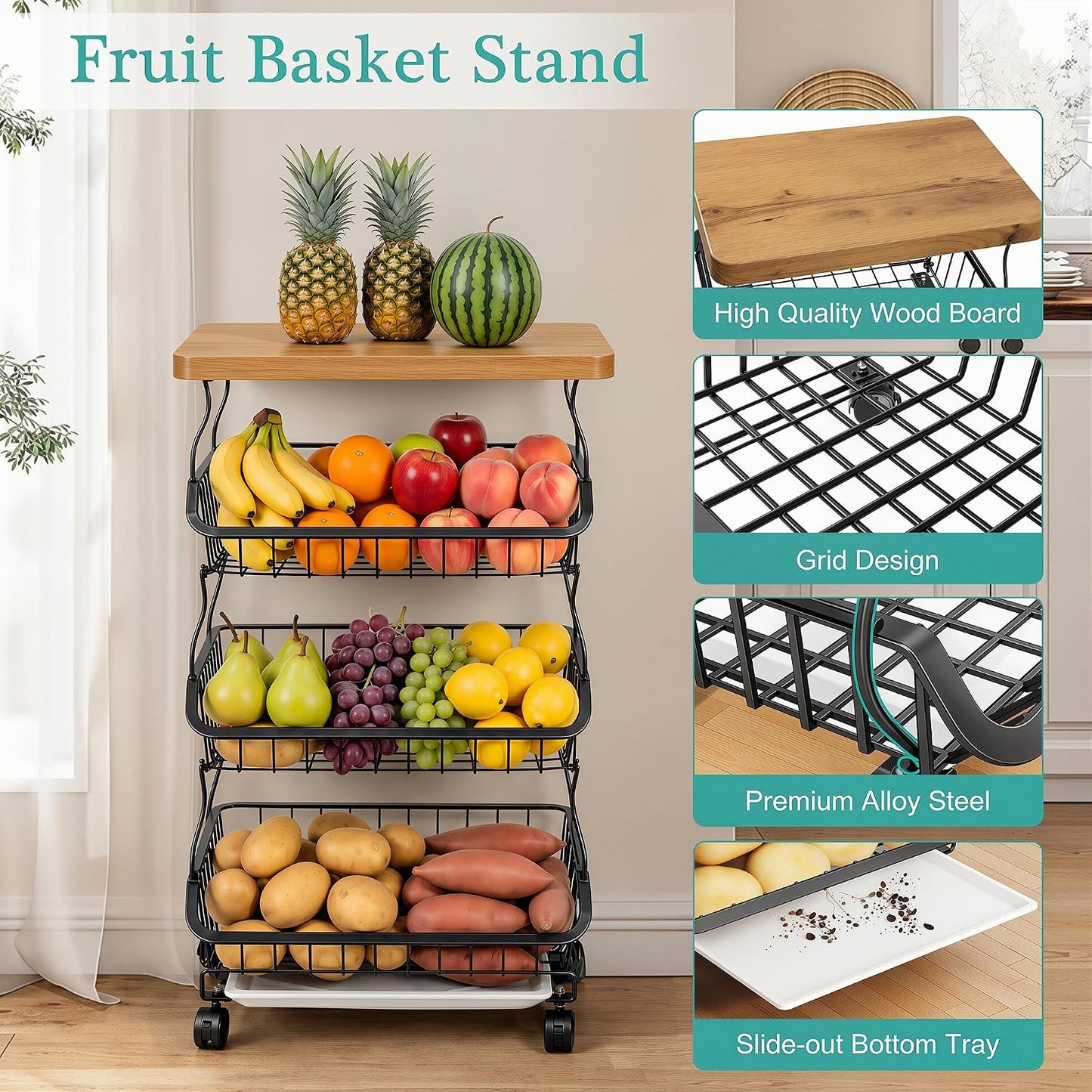 VECELO 4-Tier Fruit Basket with Wheels, Fruit and Vegetable Storage Cart for Kithchen, Stackable Produce Organizer Wire Baskets for Kitchen, Pantry, Living Room