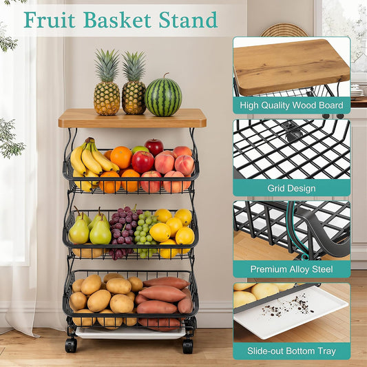 VECELO 4-Tier Fruit Basket with Wheels, Fruit and Vegetable Storage Cart for Kithchen, Stackable Produce Organizer Wire Baskets for Kitchen, Pantry, Living Room