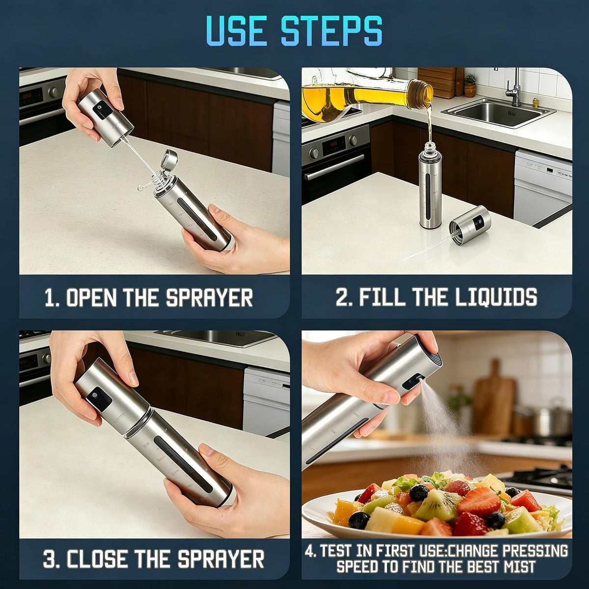 Advanced Olive Oil Sprayer for Cooking, Kitchen Avocado Oil Spray Bottles, Oil Mister Dispenser, 304 Stainless Steel Shell & Food-safe PP Plastic inner Bottle, 100ml, Leak-Proof and Portable.