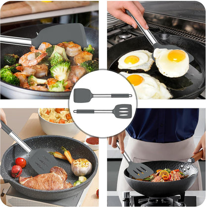 TeamFar Kitchen Utensils, 4 PCS Silicone Cooking Utensils Spatula Spoon Set with Stainless Steel Handle, for Frying Mixing Draining Turning, Healthy & Heat-proof, Non-stick & Dishwasher Safe - Black
