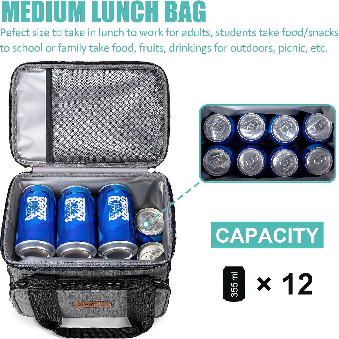 Tiblue Insulated Lunch Bag for Women/Men, Reusable Lunch Box for Office Work School Picnic,Leakproof Freezable Cooler Bag with Adjustable Shoulder Strap for Kid/Adult(Medium, Black & White Stripes)