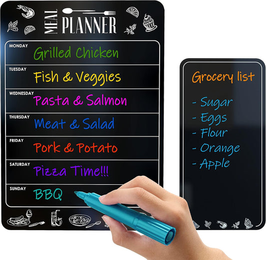 Magnetic Weekly Meal Planner & Grocery List Set - Black Dry Erase Board for Fridge - A4 Menu Calendar & 4.5x8.5 Shopping Pad - Refrigerator Chalkboard Sheet for Kitchen Organization