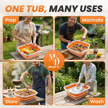4 in 1 Large Collapsible BBQ Prep Tub with Lid - 16L Foldable Camping Sink with Colander & Cutting Board, Multipurpose Dish Basin for Kitchen, Meat Prep, Vegetables, Fruit, Picnic & Outdoor Cooking