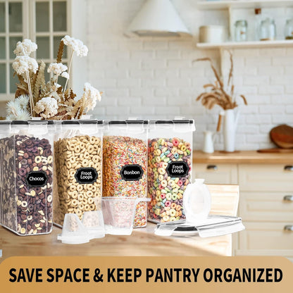 PRAKI Large Dry Food Storage Containers with Lids, 6PCS Airtight Cereal Containers Storage Set, Leak-proof Canister Set for Kitchen Pantry Organization with 20 Labels & Marker (4L Black)