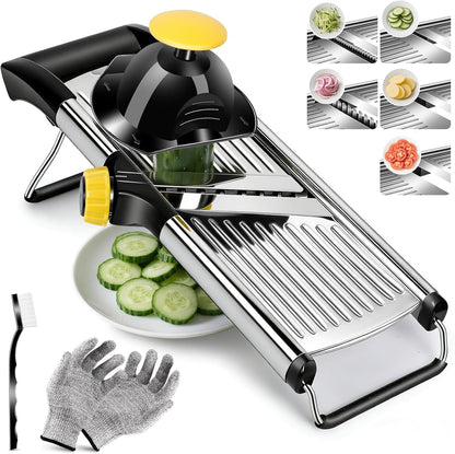 Masthome Adjustable Mandoline Slicer, Thin to 9mm Slice, 4.5mm & 9mm Julienne - Vegetable Cutter for Potato Carrot Onion - Stainless Steel - with Glove & Brush (Red)