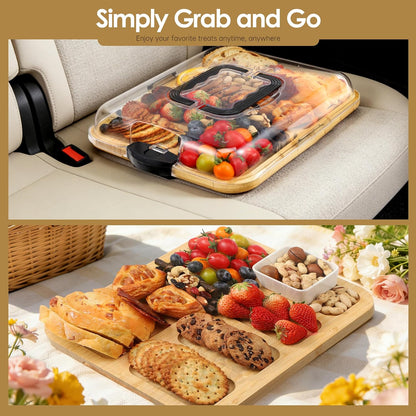 Kochorie 10 Pieces Portable Bamboo Cheese Board Set Charcuterie Board with Lid and Handle, Knife Set Meat Fruit Serving Tray Platter for Travel Picnic Kitchen House Warming Gifts (Rectangular)