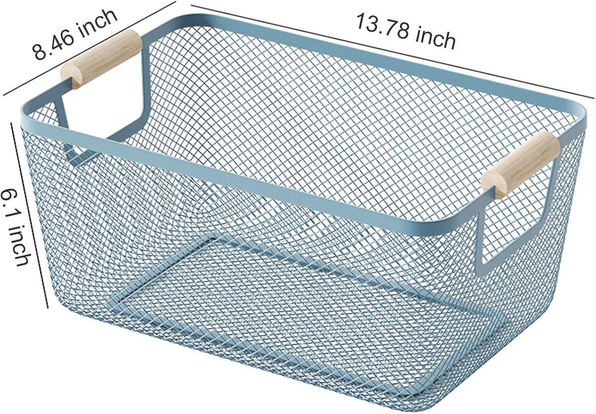 AJIODA Metal Mesh Steel Basket, Large Wire Storage Organizer Basket Multi-function Hanging Kitchen Baskets with Wood Handle for Kitchen Bathroom Picnic Home, Rectangle-Off White