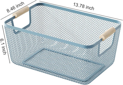 AJIODA Metal Mesh Steel Basket, Large Wire Storage Organizer Basket Multi-function Hanging Kitchen Baskets with Wood Handle for Kitchen Bathroom Picnic Home, Rectangle-Off White