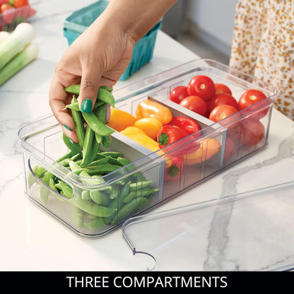 iDesign Large Fridge Organizer Bin with Removable Divider and Lid - Set of 3 - Clear/Gray