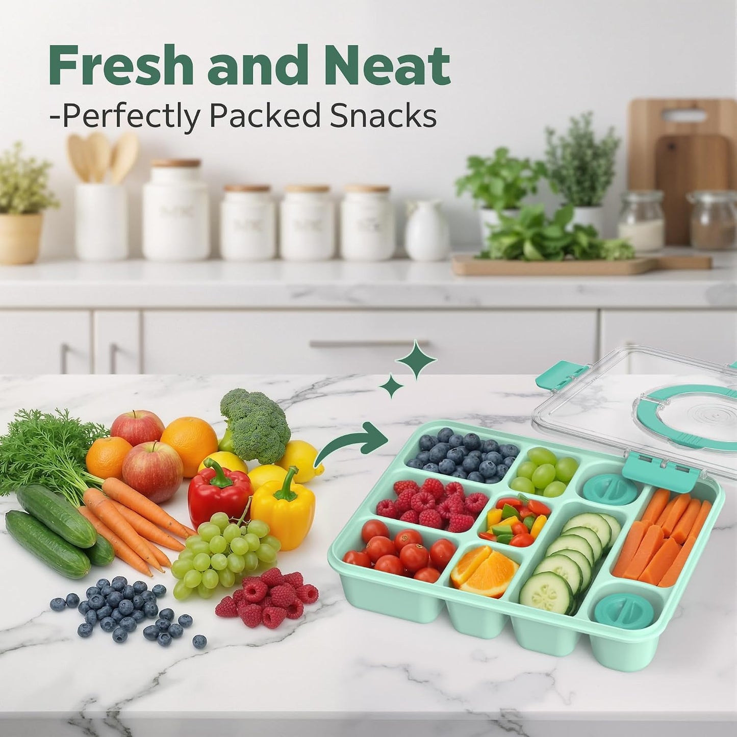 Snackle Box Container for Adults with 10 Compartment, Divided Serving Tray with Lid and Handle and 2 Sauce Containers, Portable Snack Box Container for Charcuterie Party Travel, Purple