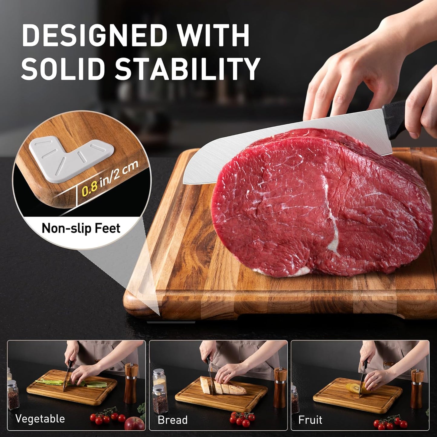 4 Pack Teak Wood Cutting Board Set for Kitchen Heavy Duty Non Toxic Non Slip Solid Thick Wood Haus Chopping Board Extra Large Big Small Meat Best Essential House Warming Hostess Host Gift