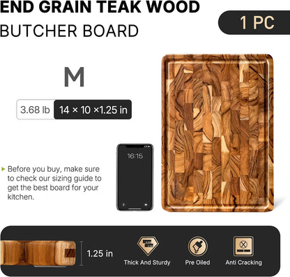 Teak Wood End Grain Cutting Board Set of 2 with Non-slip Feet, Reversible Cutting Boards for Kitchen with Juice Grooves and Handles Non Toxic Chopping Board Butcher Block Serving Tray Kitchen Gift