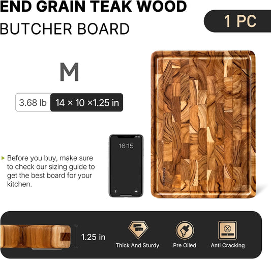 Teak Wood End Grain Cutting Board Set of 2 with Non-slip Feet, Reversible Cutting Boards for Kitchen with Juice Grooves and Handles Non Toxic Chopping Board Butcher Block Serving Tray Kitchen Gift