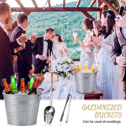 Zopeal 12 Pcs Galvanized Beer Bucket Set, Includes 8 Metal Ice Buckets 5qt with 2 Scoops & 2 Tongs, Round Slive Pails Bulk for Weddings Birthday Beach Pool Party Supplies Summer Table Centerpieces