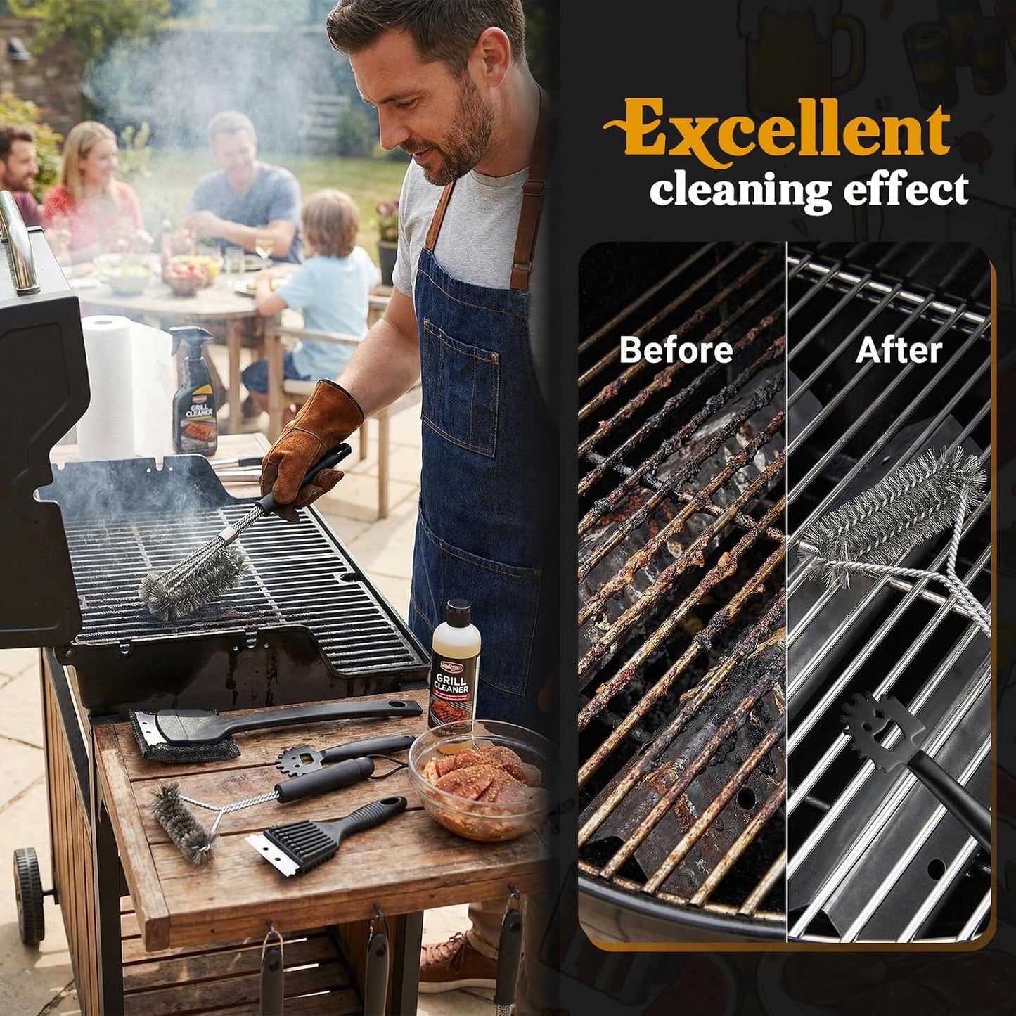5 Pcs BBQ Grill Brush for Outdoor 304 Stainless Steel Grill Cleaning Tools Set with Scraper, Pointed Tail, Triangular, Scouring Pad Brush for Gas Porcelain Charbroil Grates for Men Dad