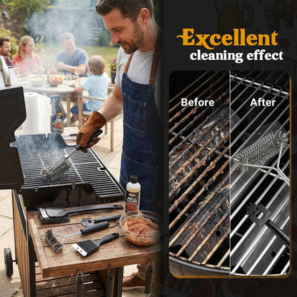 5 Pcs BBQ Grill Brush for Outdoor 304 Stainless Steel Grill Cleaning Tools Set with Scraper, Pointed Tail, Triangular, Scouring Pad Brush for Gas Porcelain Charbroil Grates for Men Dad
