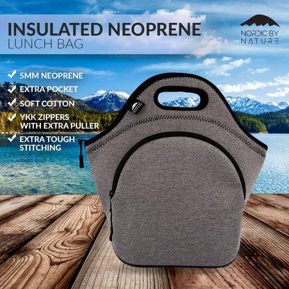 Nordic By Nature Large Neoprene Lunch Bag for Women & Lunch tote for Kids Insulated Lunch bag Reusable Washable Extra Thick Neoprene & Soft Cotton Feel, Premium Stitching, Outside Pocket, (L) Black